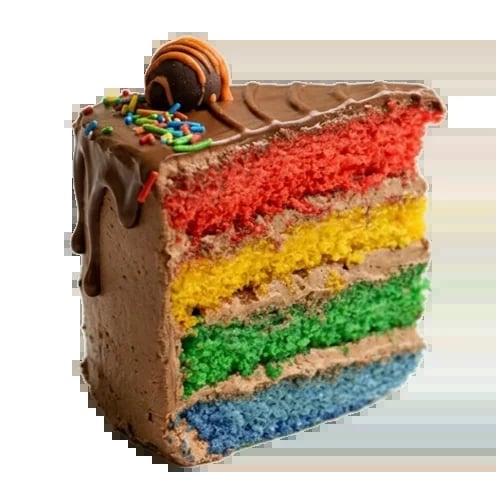 Slice of layered rainbow cake with chocolate frosting, colorful sprinkles, and a chocolate swirl on top