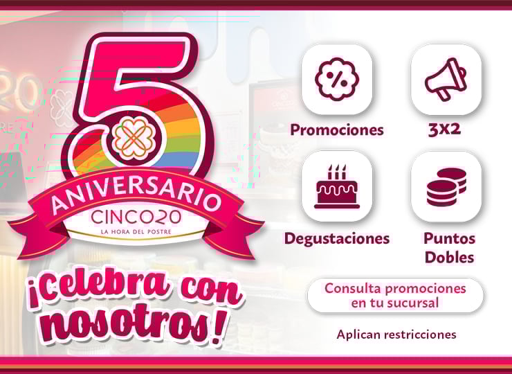 5th anniversary celebration poster with colorful logo, promotions icons, and Spanish text offering special deals and discounts