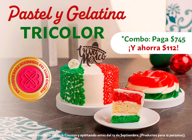 Tricolor layered cake and gelatina promotional image showing red, white, and green decorated desserts with pricing and combo offer details