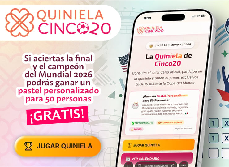Quiniela Cinco20 promotional campaign showing mobile app interface with offer to win personalized pastry for 50 people if 2026 World Cup champion is guessed correctly