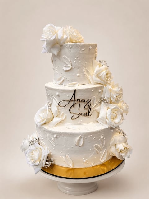 Elegant four-tier white wedding cake with cream roses, pearls, and script text reading Anag Soul, topped with a gold cake base.