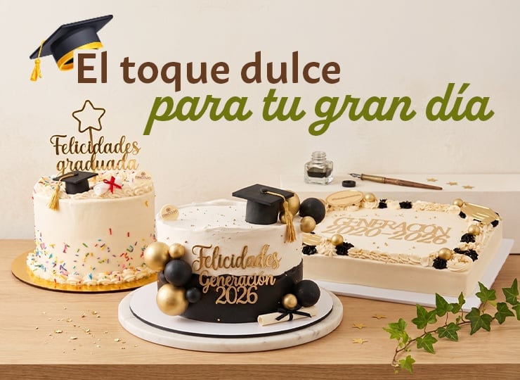 Graduation celebration cakes and treats with mortarboards, Spanish text El toque dulce para tu gran dia (The sweet touch for your big day)