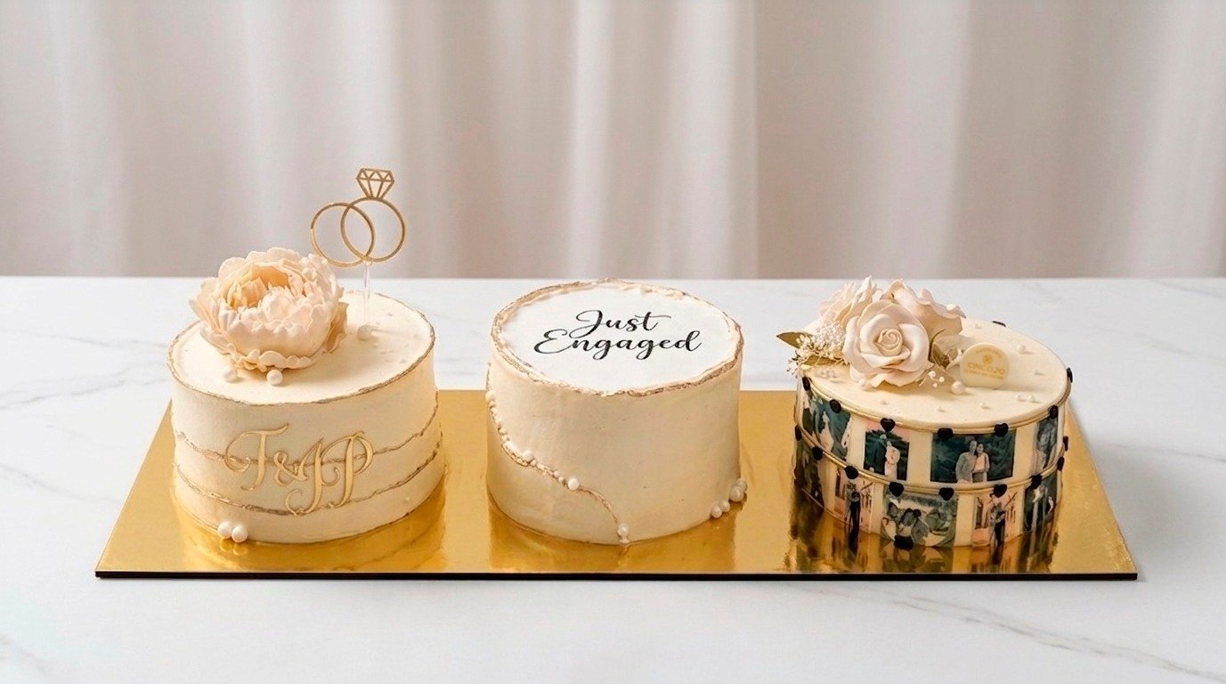 Tres pasteles personalizados de compromiso de Pastelería Cinco20 sobre una base dorada