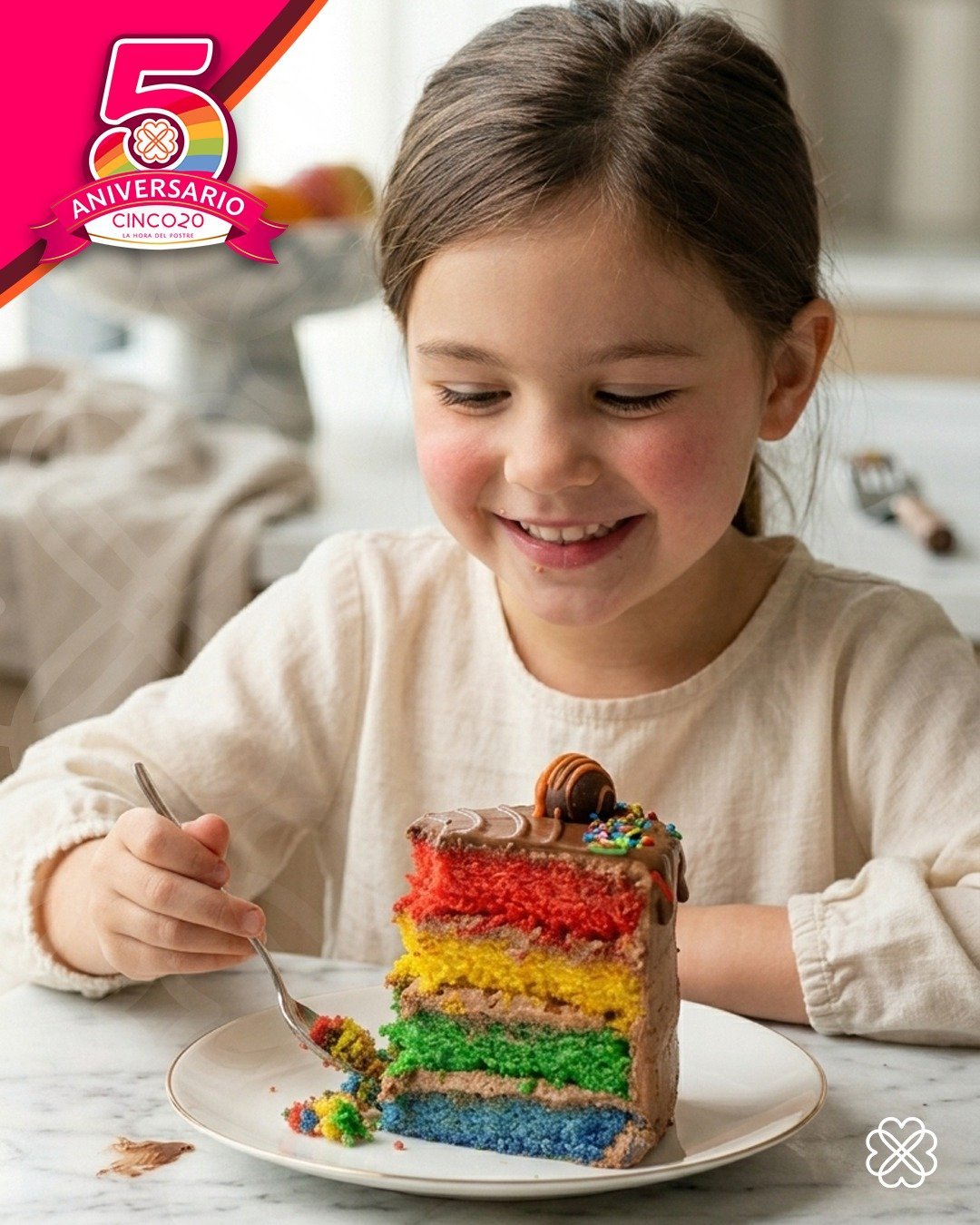 Smiling child cutting into a colorful rainbow layer cake on a white plate