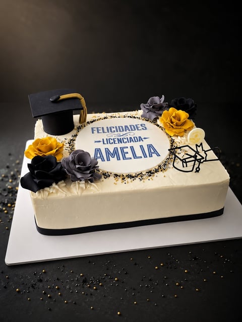 Graduation cake decorated with yellow and gray flowers, a black mortarboard hat, and blue text reading Felicidades Licenciada Amelia