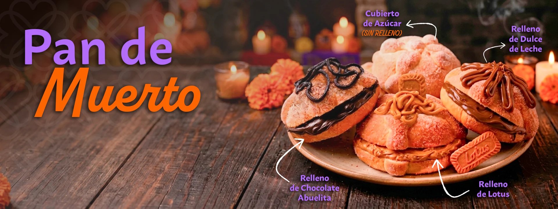 Pan de Muerto (Mexican bread of the dead) displayed on a wooden surface with decorative labels and warm lighting