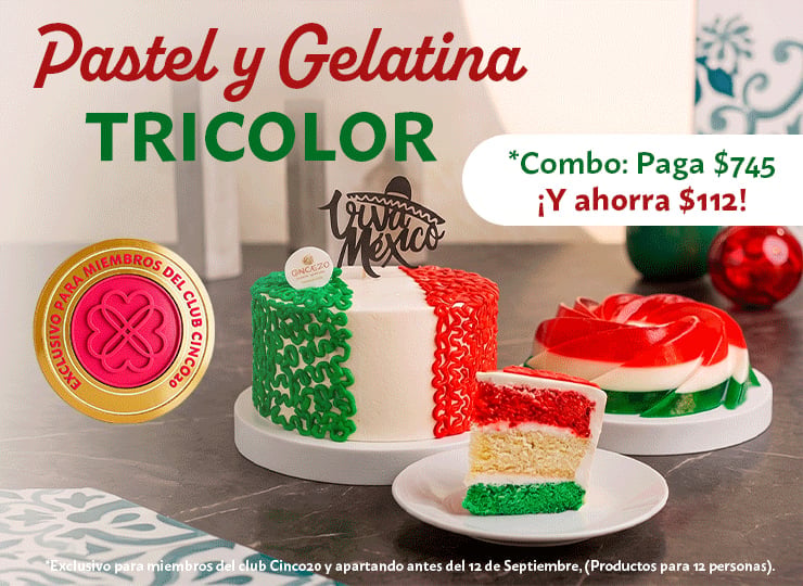Tricolor layered cake and gelatin dessert with green, white, and red stripes, displayed with a slice and price promotion sign