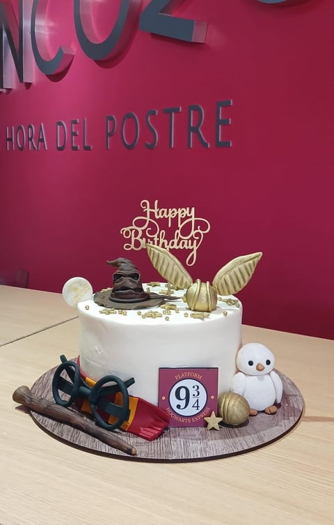 Harry Potter themed birthday cake with white frosting, sorting hat topper, spell wand, house symbol, and 9¾ platform sign on wooden base against red wall