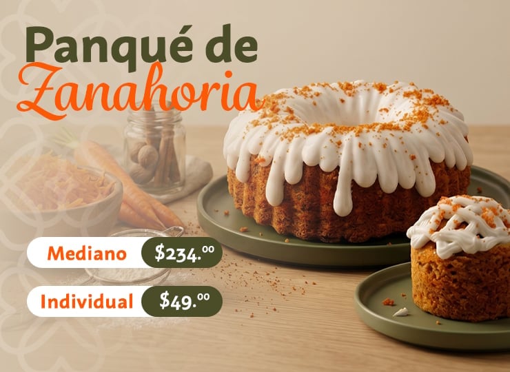 Panque de Zanahoria carrot cake with white frosting in mediano and individual sizes with prices displayed