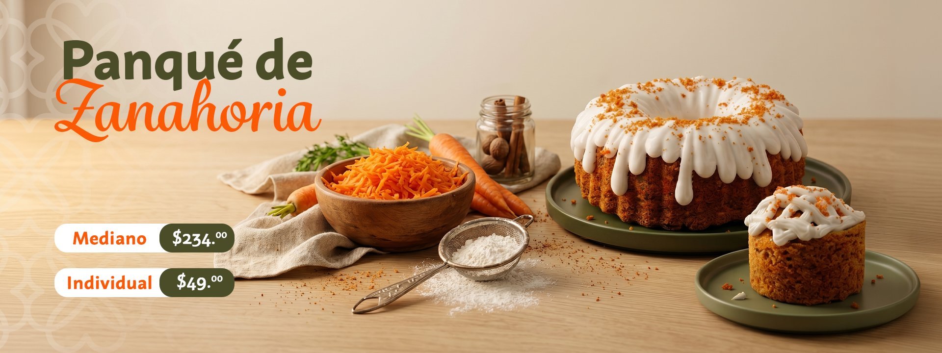 Panqué de Zanahoria (carrot cake) display with various sizes showing pricing options: Mediano $34.90 and Individual $9.90, alongside ingredients and finished cakes